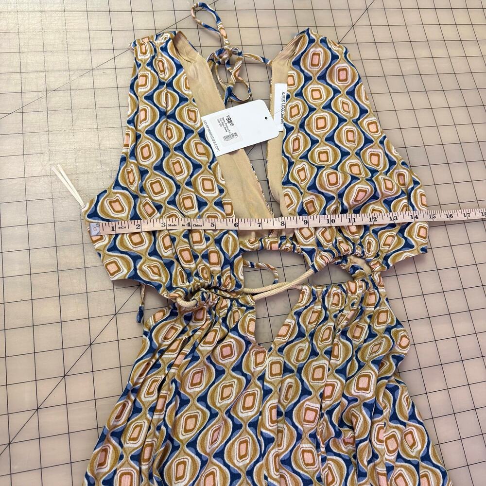 Seventeenstars Cut Out Maxi Dress Side Slit Blue Gold Cream Retro Print - Picture 11 of 16